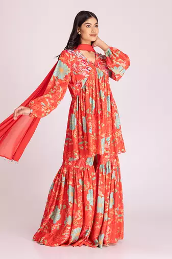 Tangerine red cotton silk gharara set