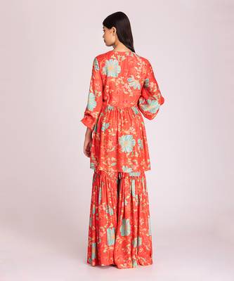 Tangerine red cotton silk gharara set 3