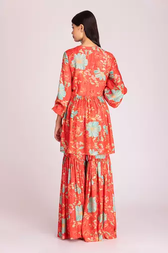 Tangerine red cotton silk gharara set
