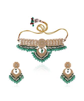 Sea green jadtar stone necklace set 1