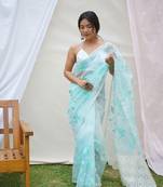 Sky blue organza embroidred work with lace border saree with blouse