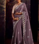 Grape fancy fabric swarovski diamond work with embroidery lace border saree with blouse