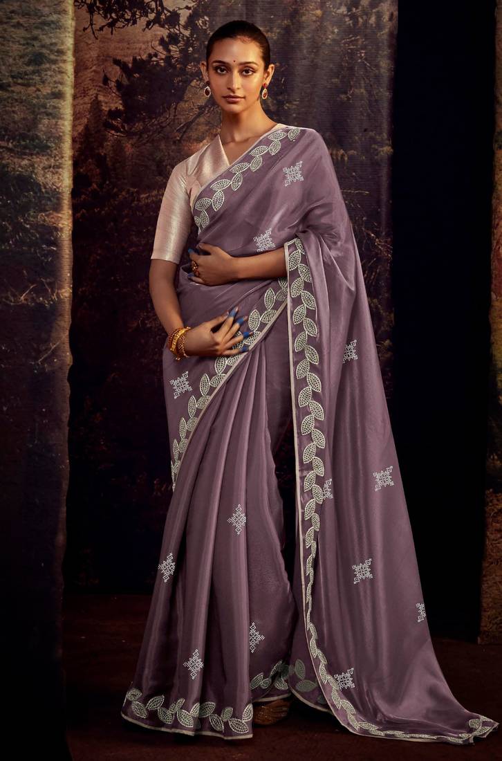 Grape fancy fabric swarovski diamond work with embroidery lace border saree with blouse