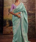 Mint fancy fabric plain saree with embroidery lace border with embroidery blouse saree with blouse