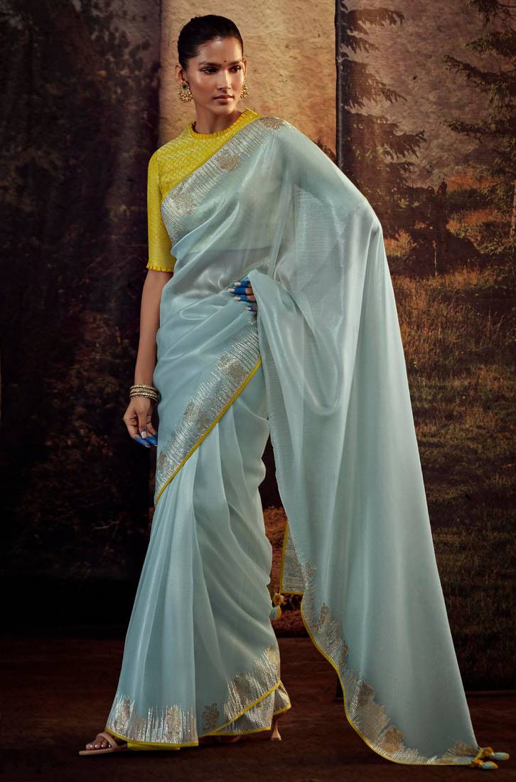 Mint fancy fabric plain saree with swarovski diamond work lace border with jacquard woven blouse saree with blouse