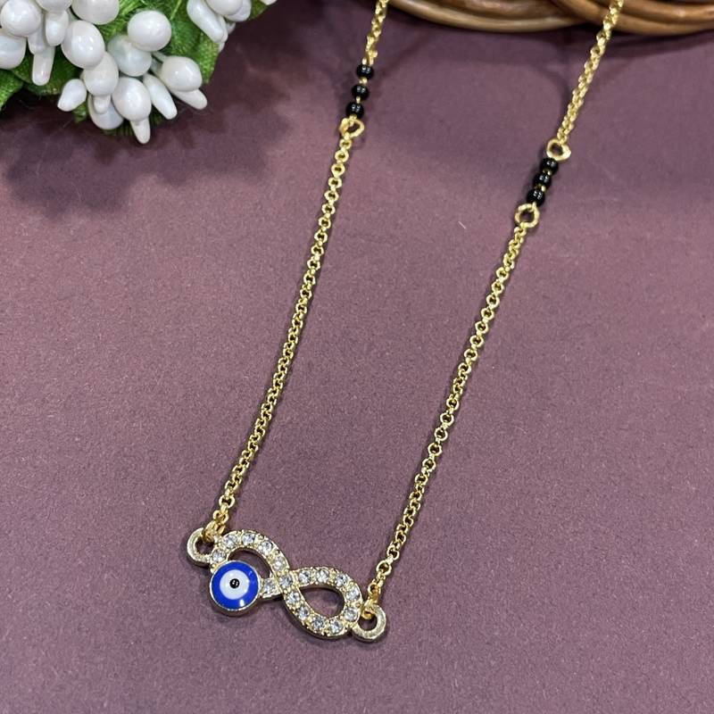 Gold plated short mangalsutra infinity & blue evil eye pendant gold & black beads chain designs