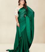 Women'S Solid Plain Saree With Embrodery And Digital Mix Blouse {Green}