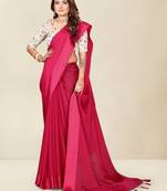 Women'S Solid Plain Saree With Embrodery And Digital Mix Blouse {Red}