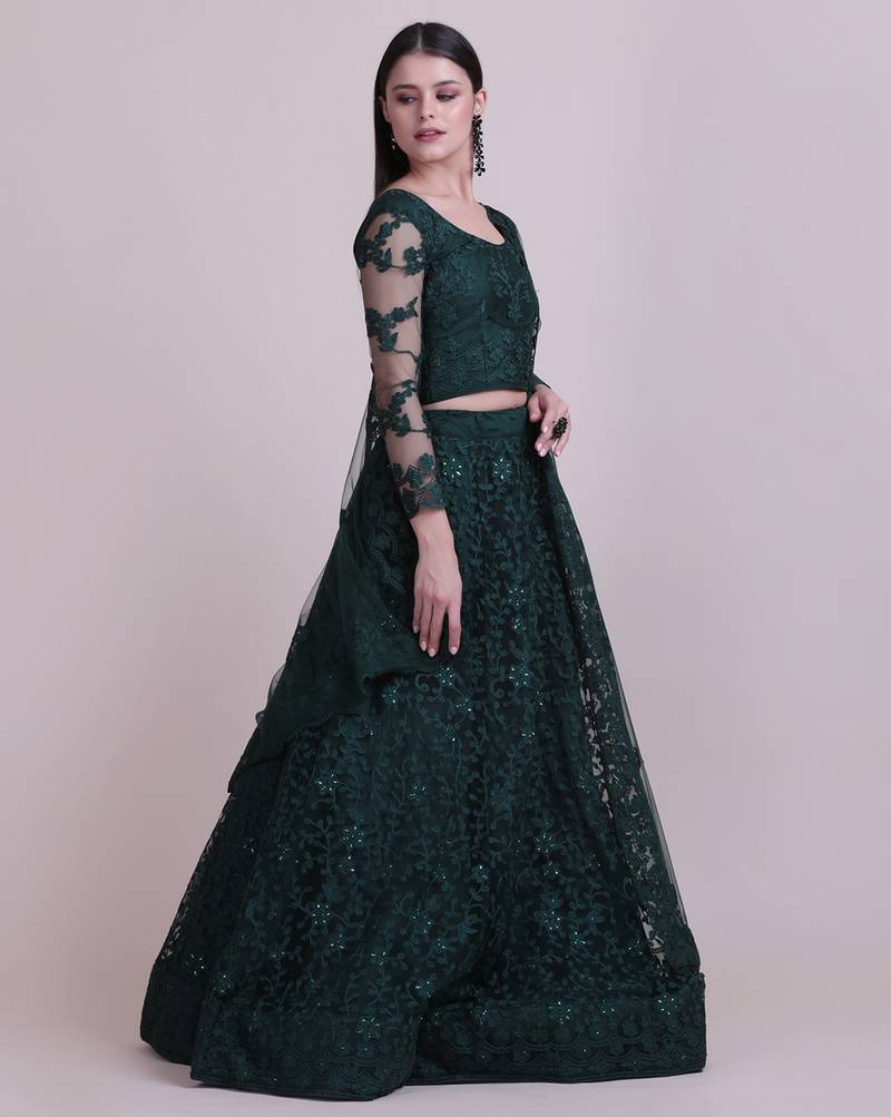 Green Embroidery Net Designer Semi-Stitched Lehenga Choli