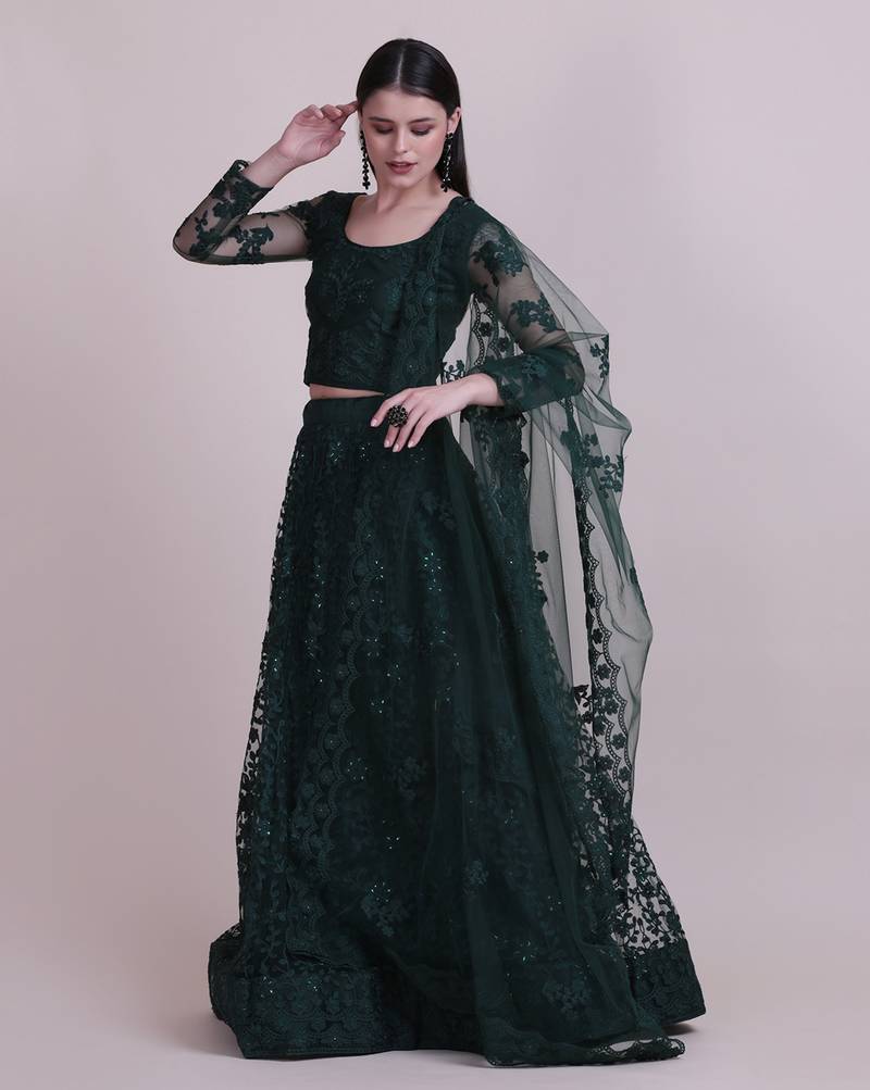 Green Embroidery Net Designer Semi-Stitched Lehenga Choli