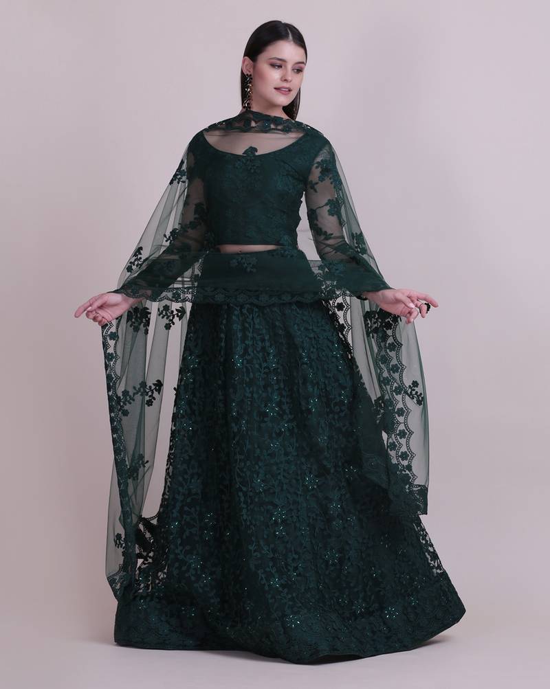 Green Embroidery Net Designer Semi-Stitched Lehenga Choli