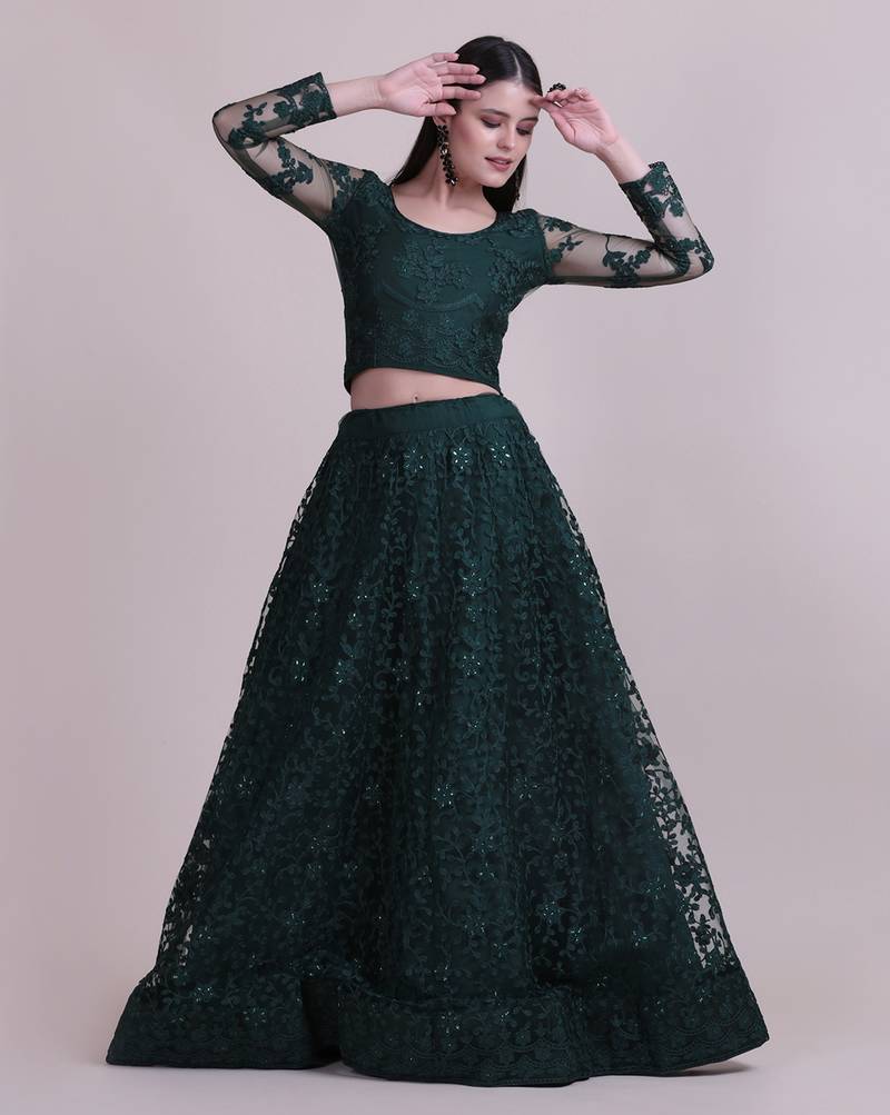 Green Embroidery Net Designer Semi-Stitched Lehenga Choli