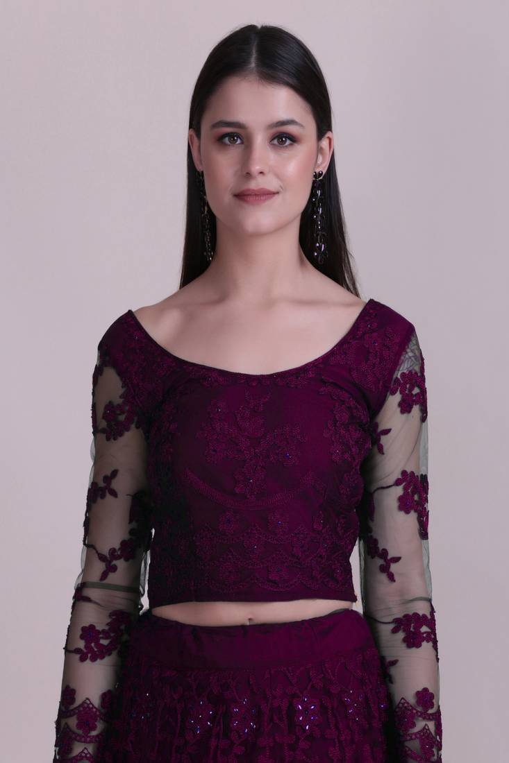 Purple Embroidery Net Designer Semi-Stitched Lehenga Choli