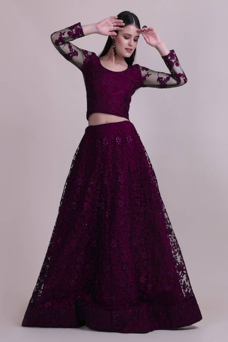 Purple Embroidery Net Designer Semi-Stitched Lehenga Choli