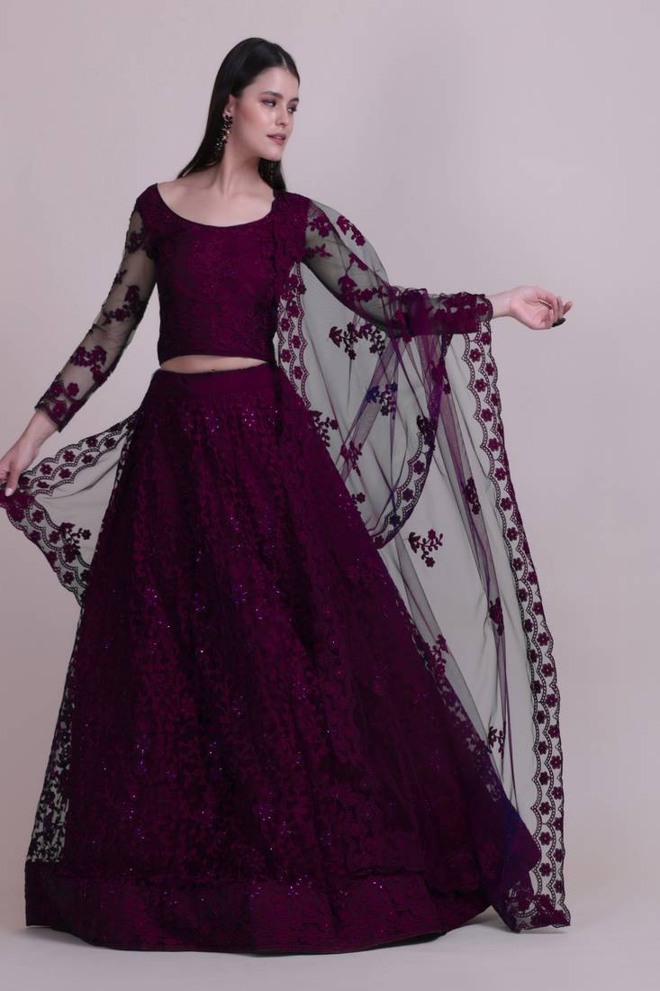 Purple Embroidery Net Designer Semi-Stitched Lehenga Choli