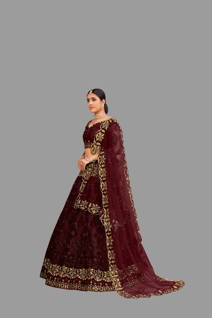 Red Embroidery Net Designer Semi-Stitched Lehenga Choli