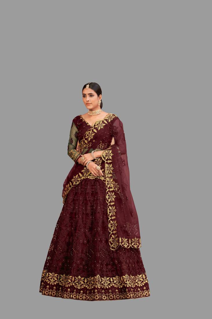 Red Embroidery Net Designer Semi-Stitched Lehenga Choli