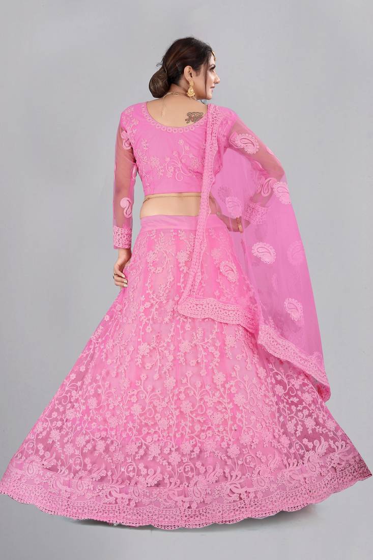 Pink Embroidery Net Designer Semi-Stitched Lehenga Choli