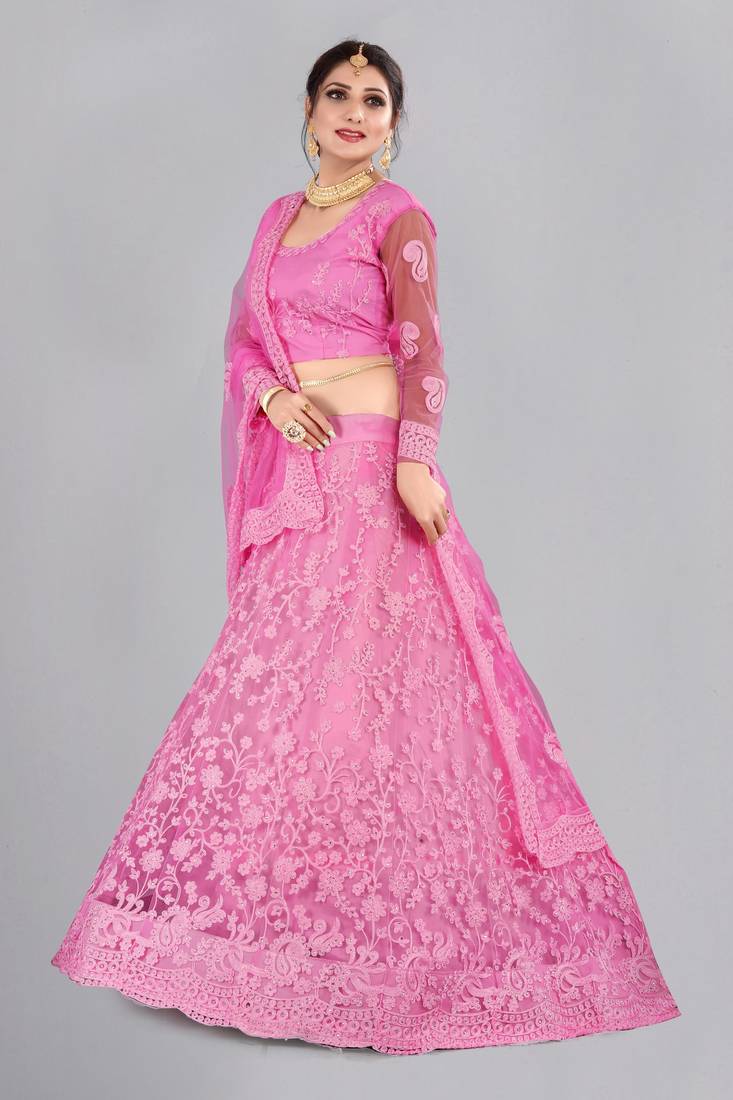 Pink Embroidery Net Designer Semi-Stitched Lehenga Choli
