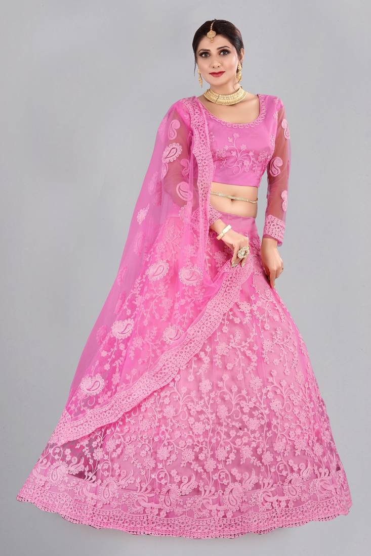 Pink Embroidery Net Designer Semi-Stitched Lehenga Choli