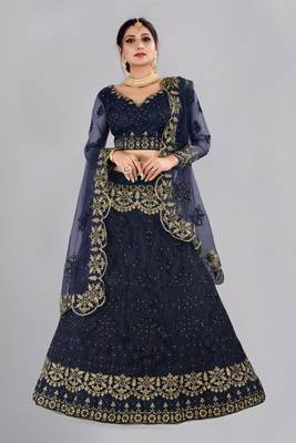 Blue Embroidery Net Designer Semi-Stitched Lehenga Choli 1