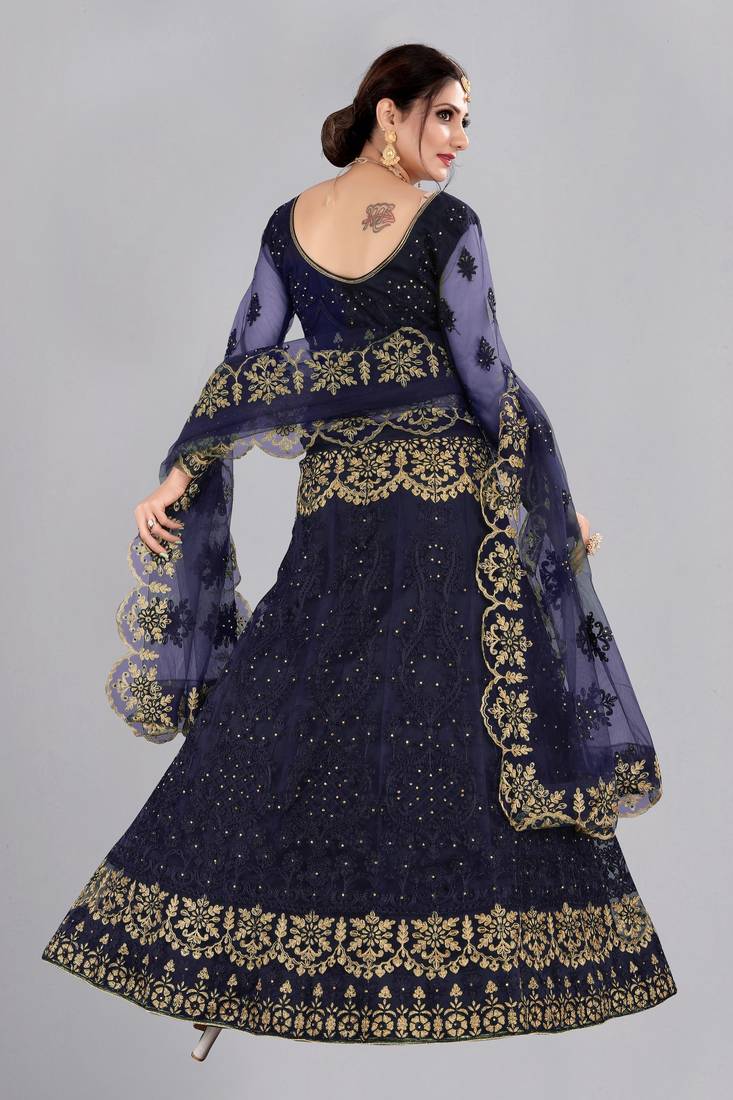 Blue Embroidery Net Designer Semi-Stitched Lehenga Choli