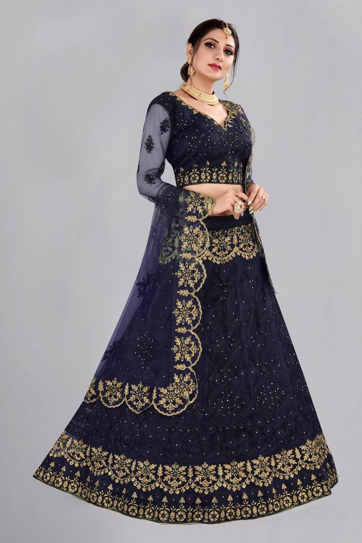 Blue Embroidery Net Designer Semi-Stitched Lehenga Choli