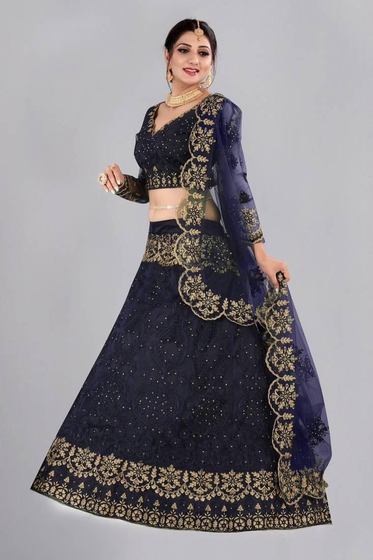 Blue Embroidery Net Designer Semi-Stitched Lehenga Choli