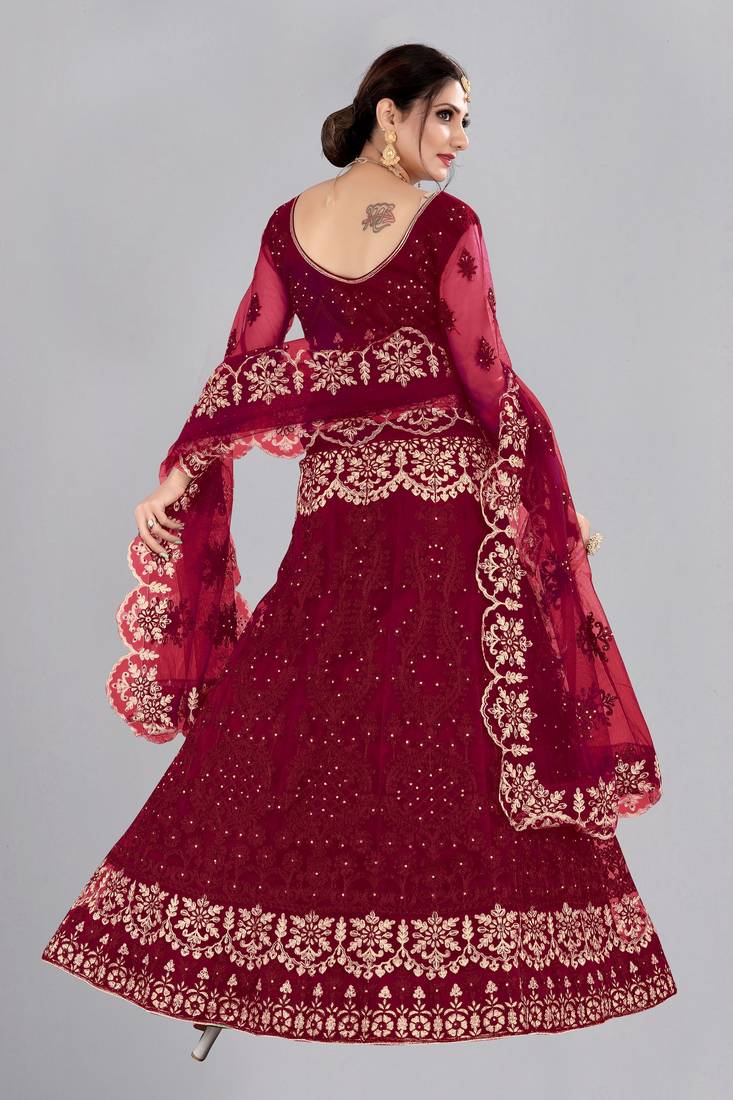 Maroon Embroidery Net Designer Semi-Stitched Lehenga Choli