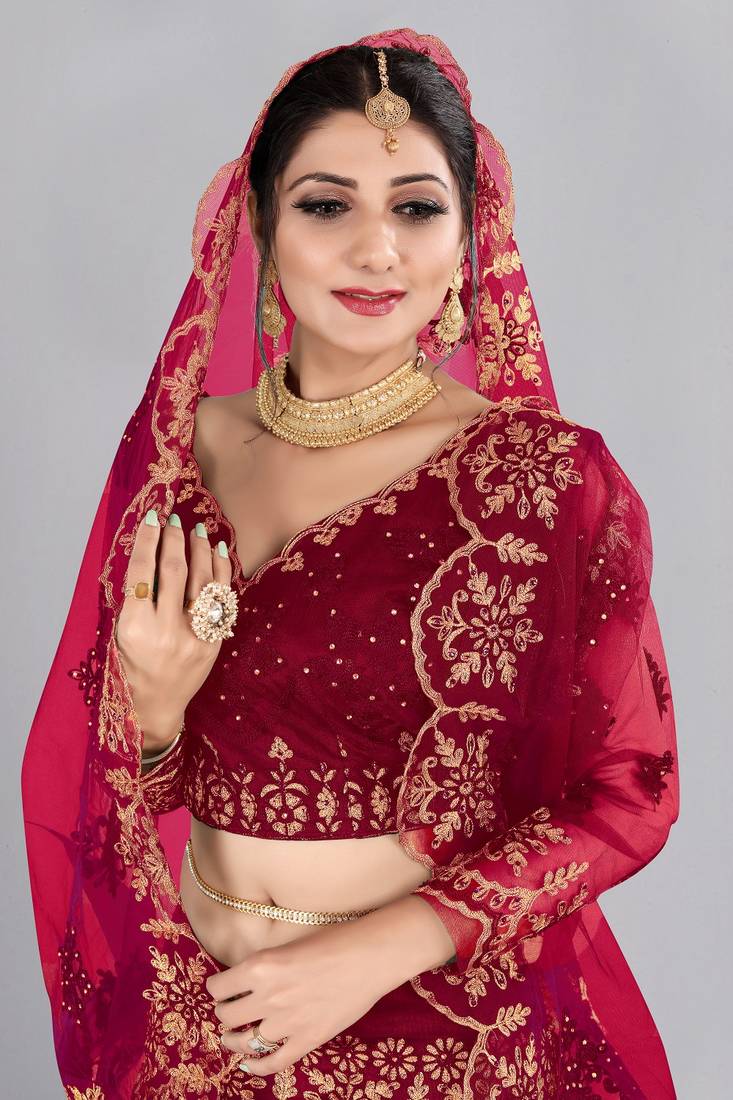Maroon Embroidery Net Designer Semi-Stitched Lehenga Choli