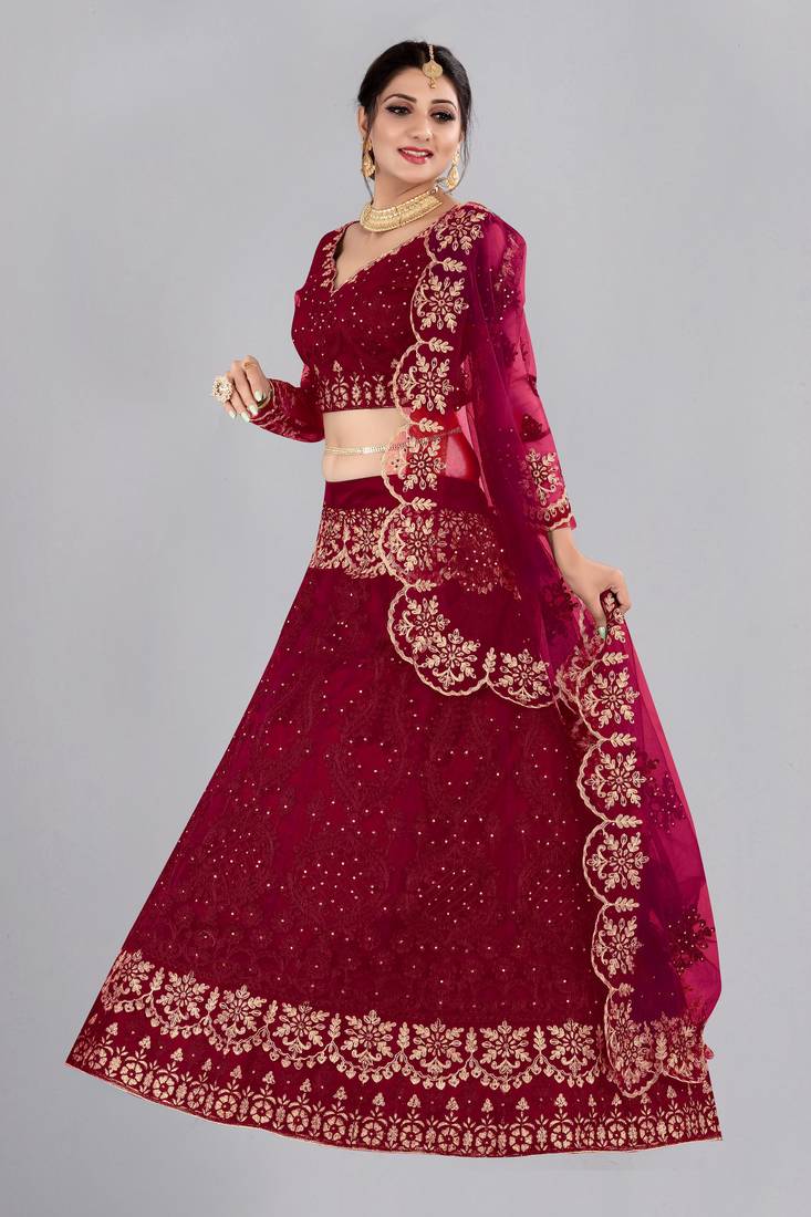 Maroon Embroidery Net Designer Semi-Stitched Lehenga Choli