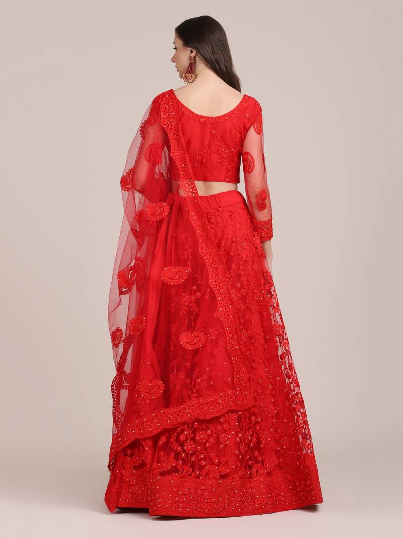 Red Embroidery Net Designer Semi-Stitched Lehenga Choli
