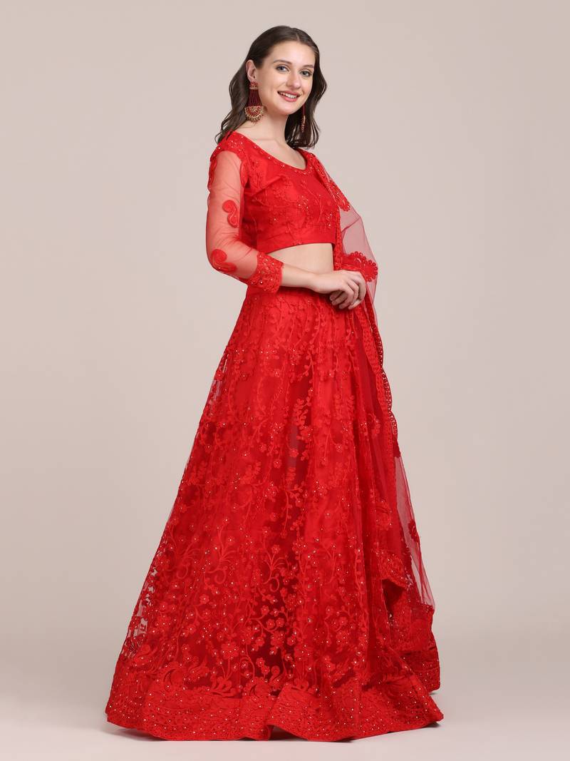 Red Embroidery Net Designer Semi-Stitched Lehenga Choli