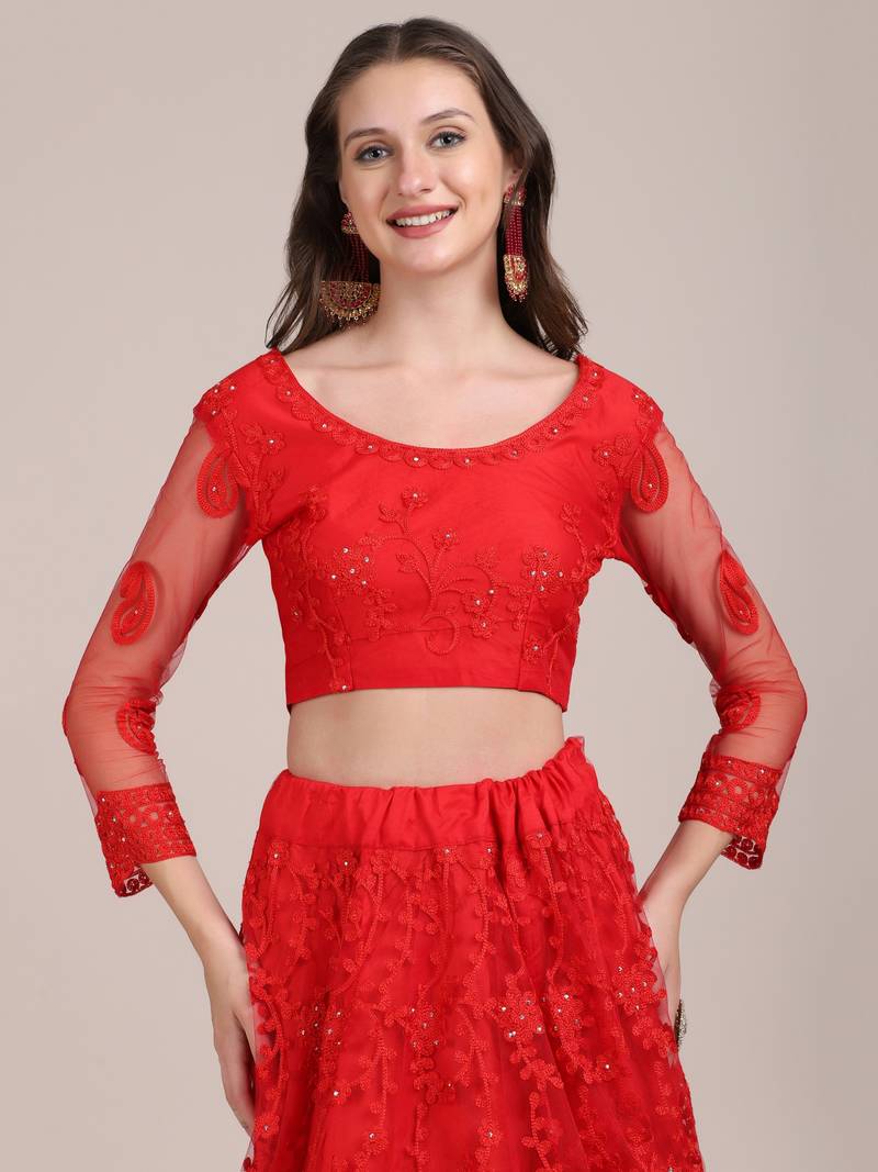 Red Embroidery Net Designer Semi-Stitched Lehenga Choli