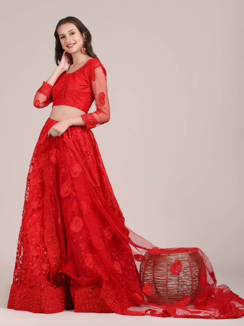 Red Embroidery Net Designer Semi-Stitched Lehenga Choli