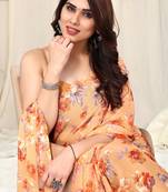 Light orange chiffon floral printed saree with unstitched blouse piece