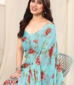 Light turquoise chiffon floral printed botenical print saree with unstitched blouse piece