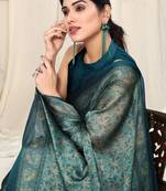 Teal Chiffon Leaf Floral Printed Saree With Unstitched Blouse Piece