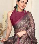 Pink chiffon leaf floral printed saree with unstitched blouse piece