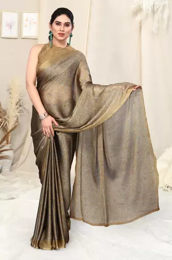 Golden Brown Chiffon Floral Printed Paisley Saree With Unstitched Blouse Piece
