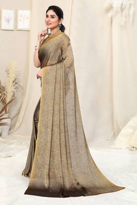 Golden Brown Chiffon Floral Printed Paisley Saree With Unstitched Blouse Piece 3