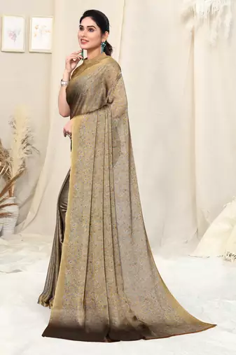 Golden Brown Chiffon Floral Printed Paisley Saree With Unstitched Blouse Piece