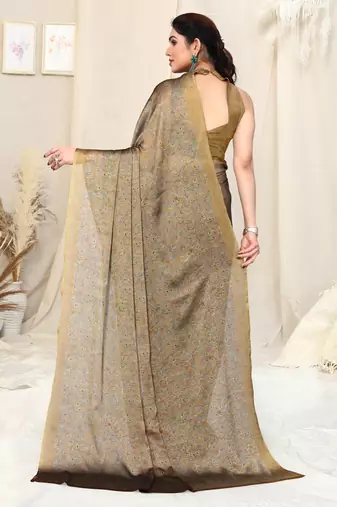 Golden Brown Chiffon Floral Printed Paisley Saree With Unstitched Blouse Piece