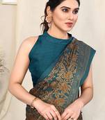 Dark Turquoise Chiffon Kalmkari Ethnic Motifs Peacock Saree With Unstitched Blouse Piece