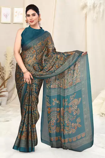 Dark Turquoise Chiffon Kalmkari Ethnic Motifs Peacock Saree With Unstitched Blouse Piece
