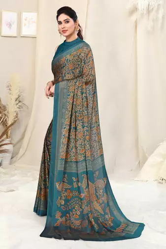 Dark Turquoise Chiffon Kalmkari Ethnic Motifs Peacock Saree With Unstitched Blouse Piece