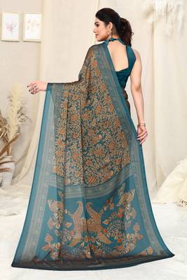 Dark Turquoise Chiffon Kalmkari Ethnic Motifs Peacock Saree With Unstitched Blouse Piece 4