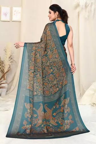 Dark Turquoise Chiffon Kalmkari Ethnic Motifs Peacock Saree With Unstitched Blouse Piece