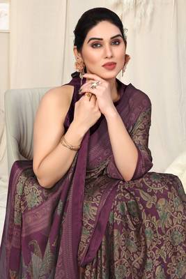Wine chiffon kalmkari  ethnic motifs peacock saree with unstitched blouse piece 1