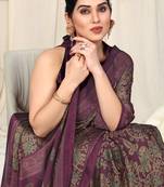 Wine chiffon kalmkari  ethnic motifs peacock saree with unstitched blouse piece